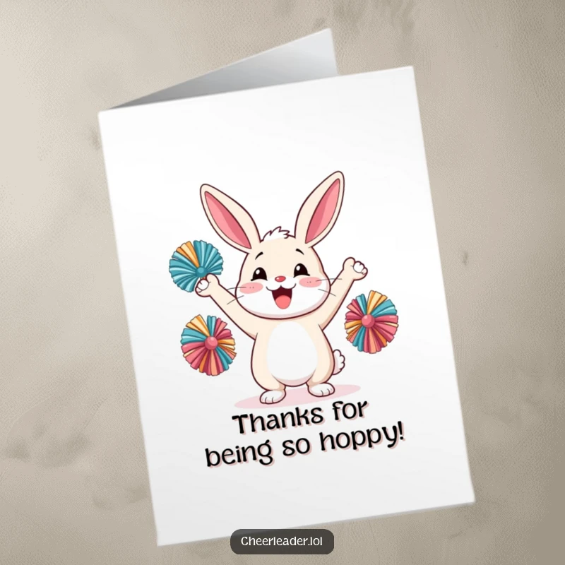 Funny Free Printable Thank You Card: A happy rabbit cheering energetically with pom-poms, conveying sincere gratitude with a smile.