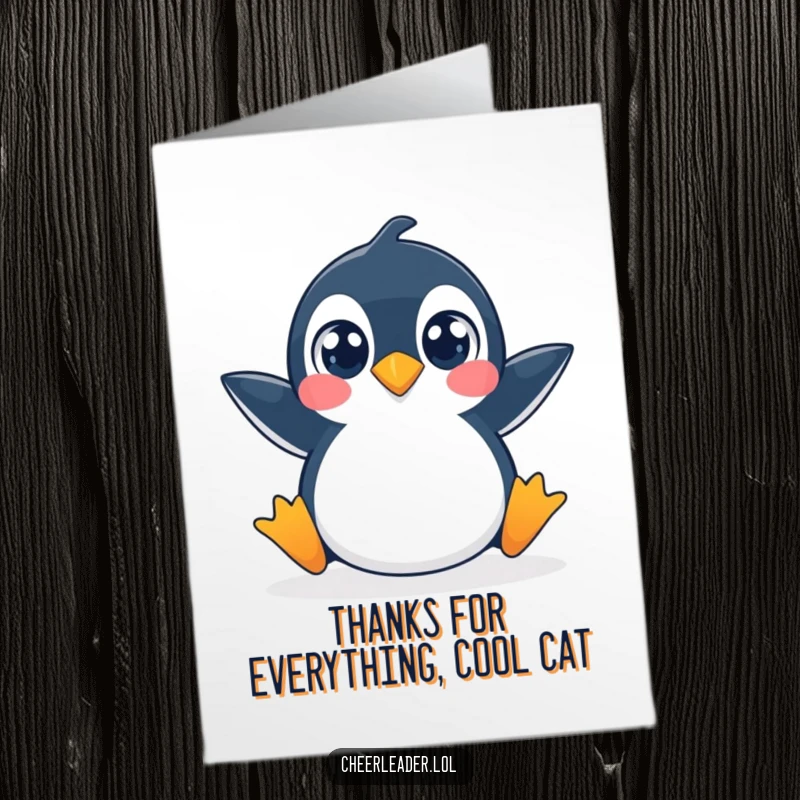 Funny Free Printable Thank You Card: Penguin with wide eyes doing a split, expressing thanks amusingly.