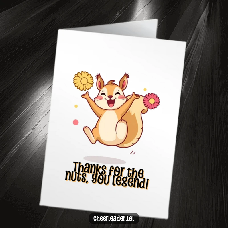 Funny Free Printable Thank You Card: A squirrel performing an energetic high kick with pom-poms.