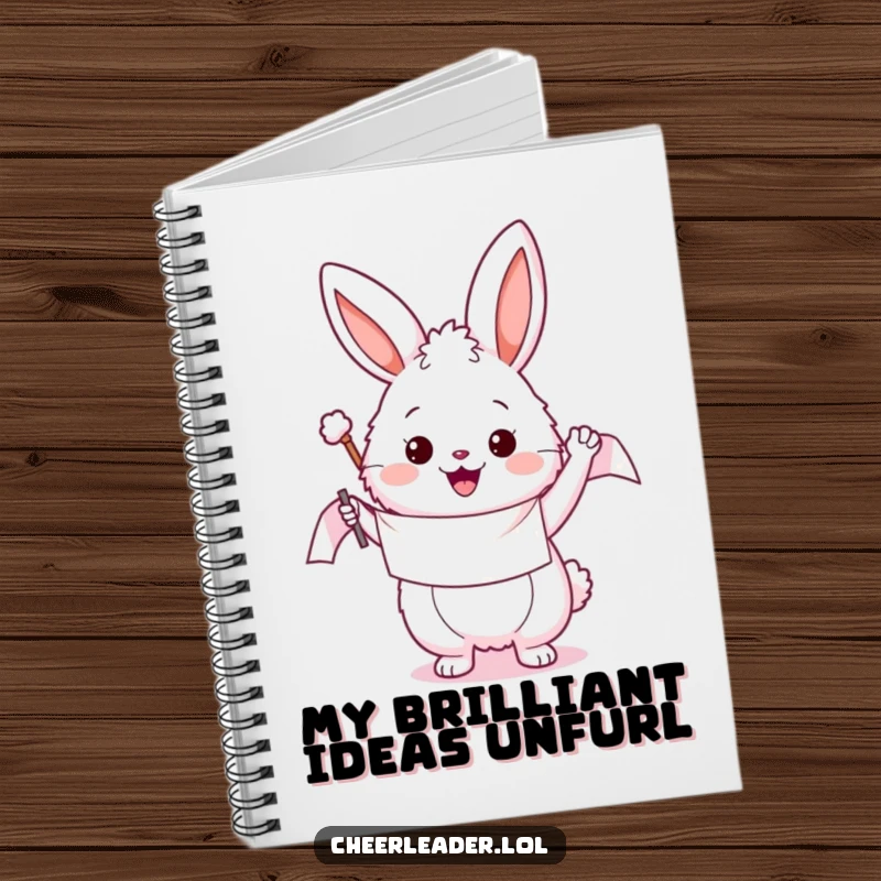 Funny notebook with a fluffy bunny enthusiastically waving a banner, ideal for jotting down notes, ideas, or doodles with a cheerful vibe.