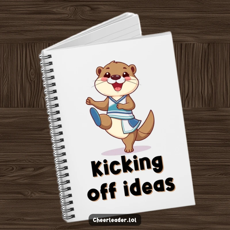 Funny Notebook featuring a grinning otter in a cheerleader outfit doing a high kick, perfect for creative note-taking.