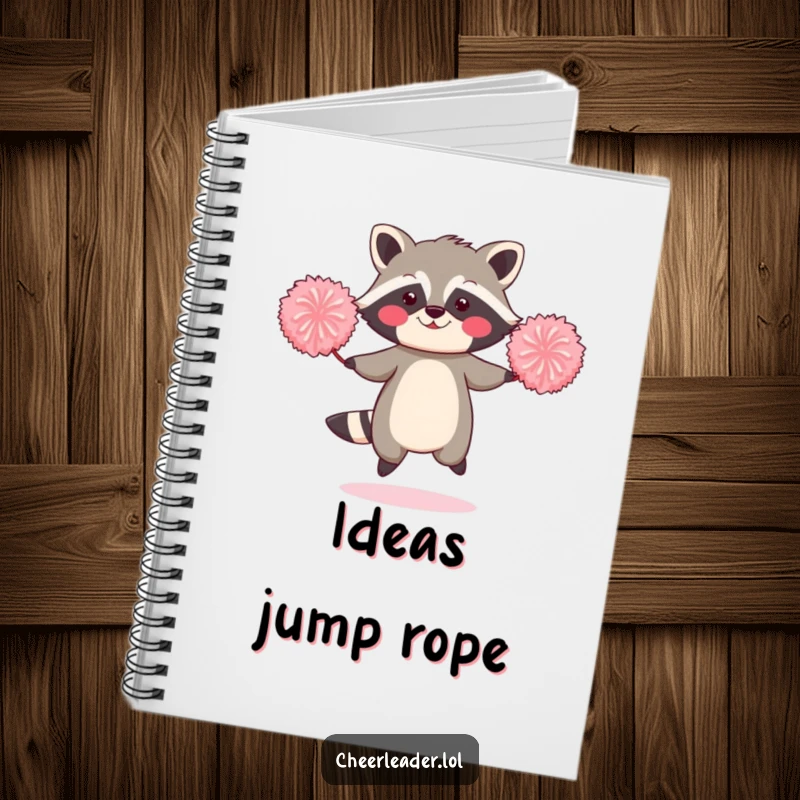 Funny notebook cover with a blushing raccoon jumping rope with two oversized pom-poms.