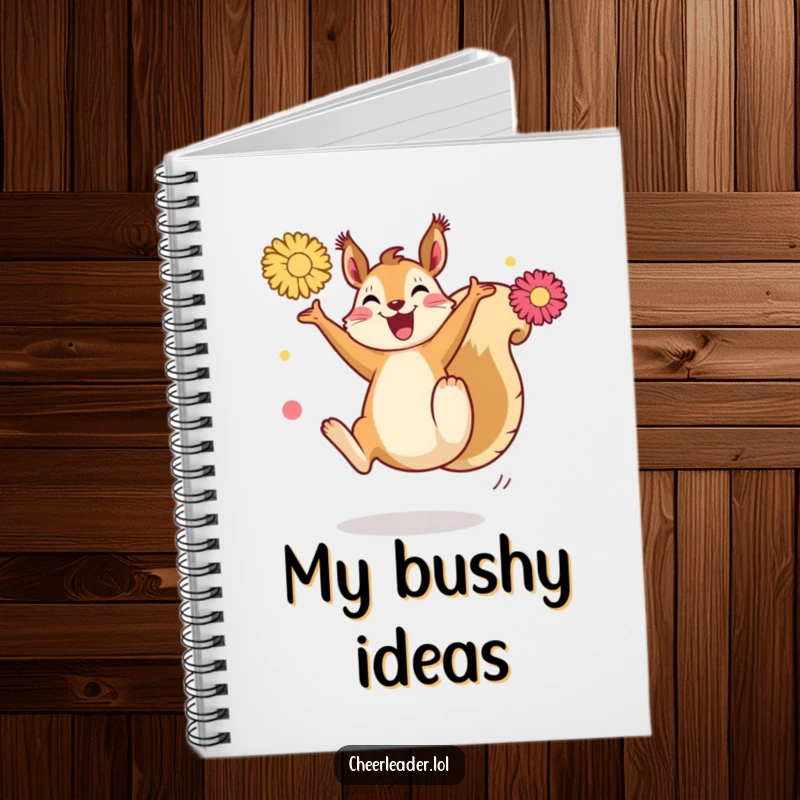 Funny Squirrel Kick Notebook: A joyful squirrel performing a high kick with energetic pom-poms, inspiring dynamic note-taking.