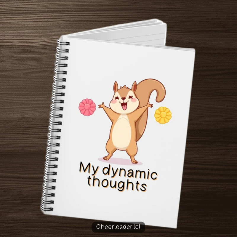 Funny notebook cover showing a happy squirrel performing a cartwheel with pom-poms, great for writing.