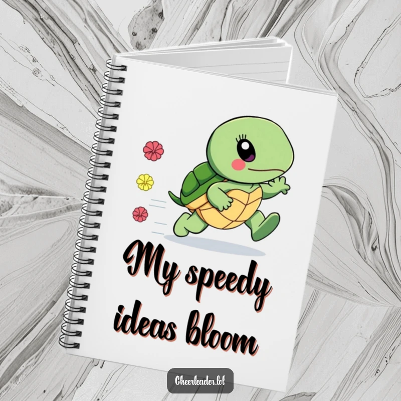 Funny notebook with a surprisingly fast turtle leaving a trail of pom-poms, ready for notes, an inspiring funny gift.