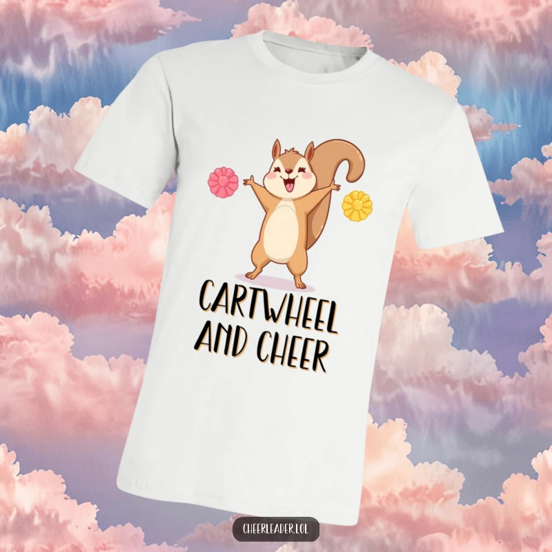 Funny t-shirt featuring a happy squirrel performing a cartwheel with outstretched pom-poms, showcasing agility.