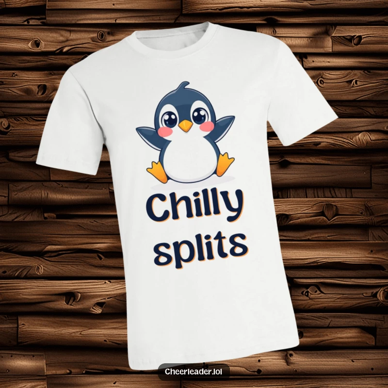 Funny t-shirt featuring a penguin caught in a dramatic split, eyes wide with surprised delight.