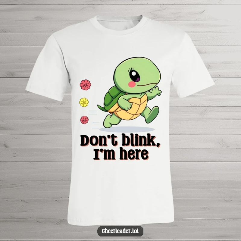 Funny t-shirt of a turtle surprisingly fast, leaving a trail of pom-poms, celebrating speed with humor, excellent funny gift.