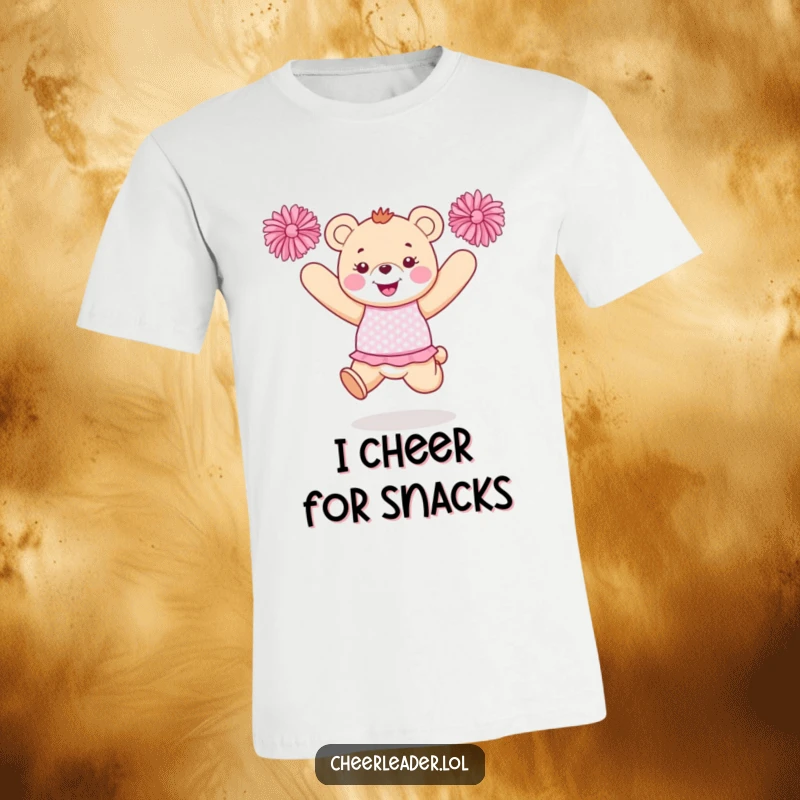 Funny bear cheerleader t-shirt featuring a happy bear in a shiny uniform jumping with colorful pom-poms aloft.