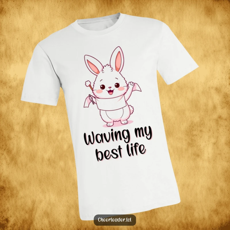Funny t-shirt showcasing a fluffy bunny heroically waving a celebratory banner, radiating positivity and excitement, ideal for casual wear.
