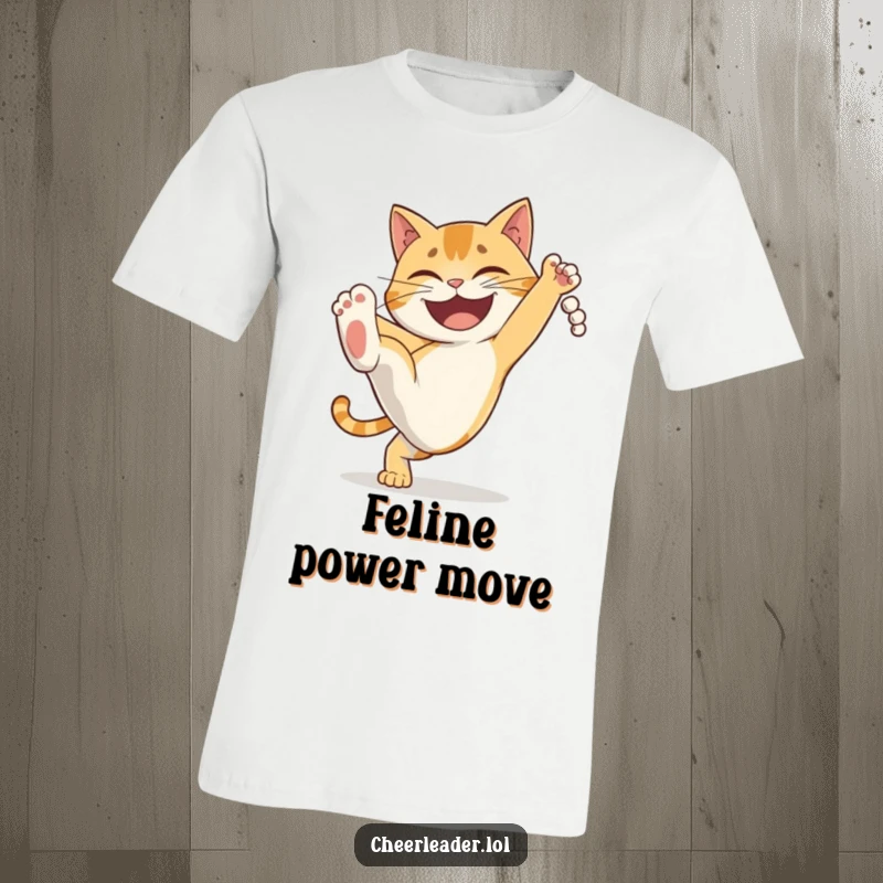 Funny determined cat performing a high kick with a massive grin, a humorous and action-packed t-shirt. Great gift.