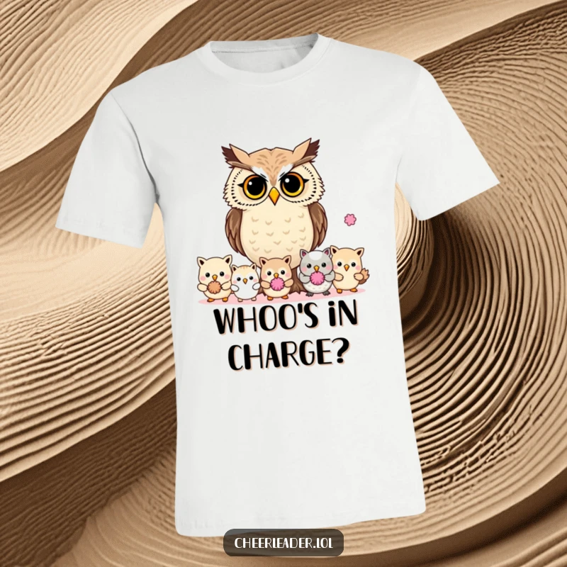 Funny determined owl with pom-poms leading animals, wearing a statement t-shirt, leadership graphic.
