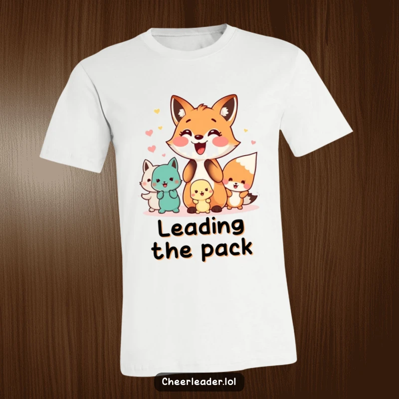 Funny t-shirt of a happy fox leading a cheer squad of small animals, radiating team spirit and joy.