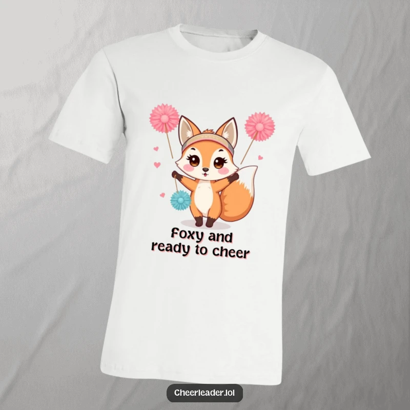 Funny fox wearing a headband, enthusiastically waving colorful pom-poms, printed on a t-shirt. Energetic and cute.