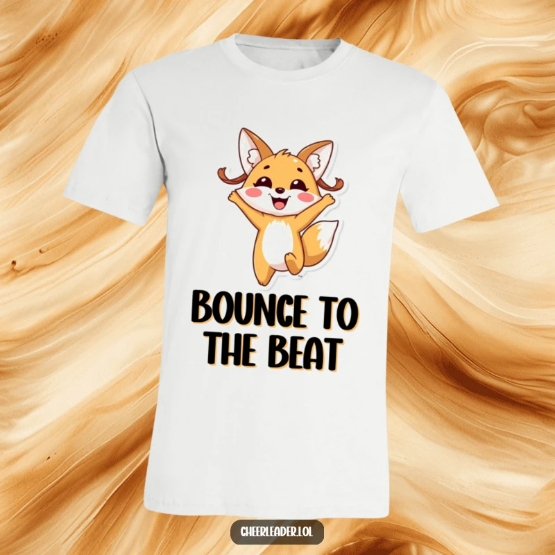 Funny fox pigtails t-shirt, featuring a cheerful fox with pigtails joyfully jumping with a wide, happy smile.