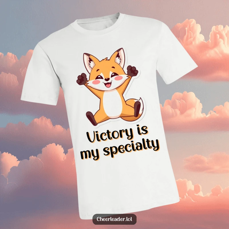 Funny t-shirt showcasing a triumphant fox executing a perfect split jump with paws raised, ideal for a funny gift.