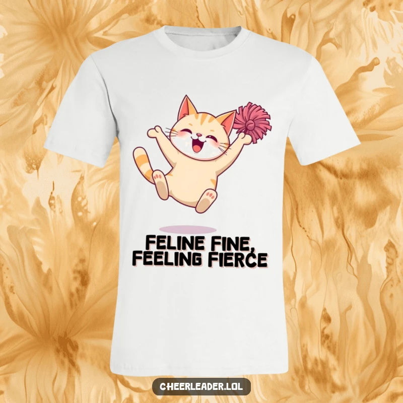 Funny Cat T-Shirt: A giggling cat leaps high with a pom-pom, showcasing a dramatic and joyful feline performance.