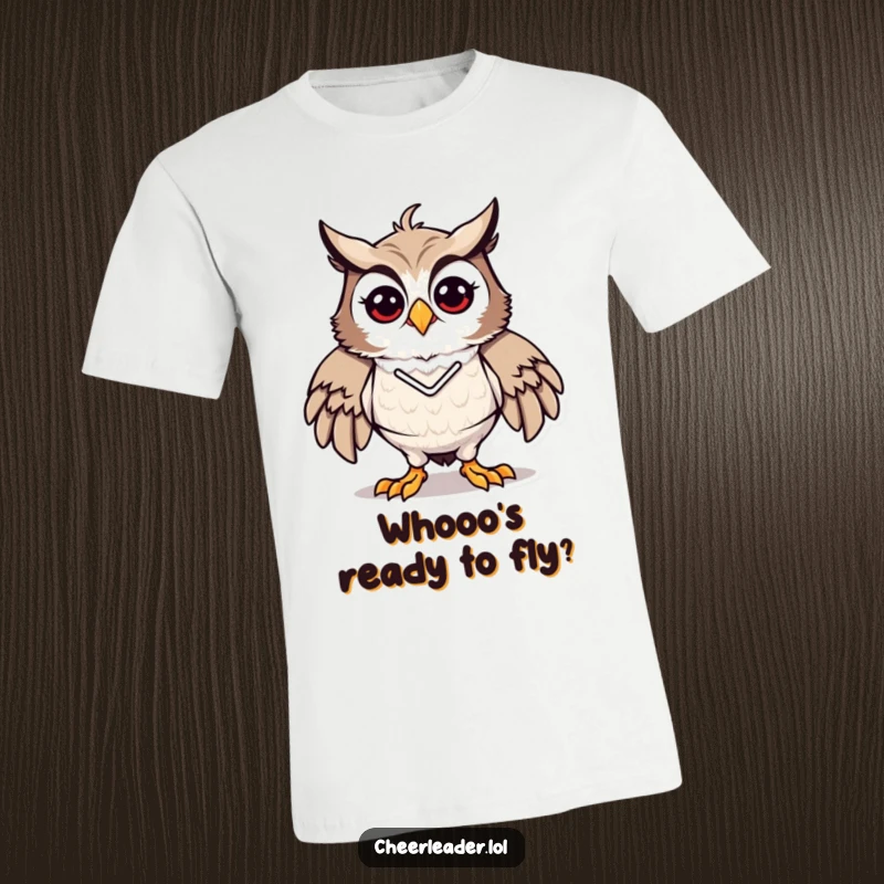 Funny t-shirt depicting an owl in a classic, energetic cheerleader pose, looking proud and ready to rally, excellent funny gift.