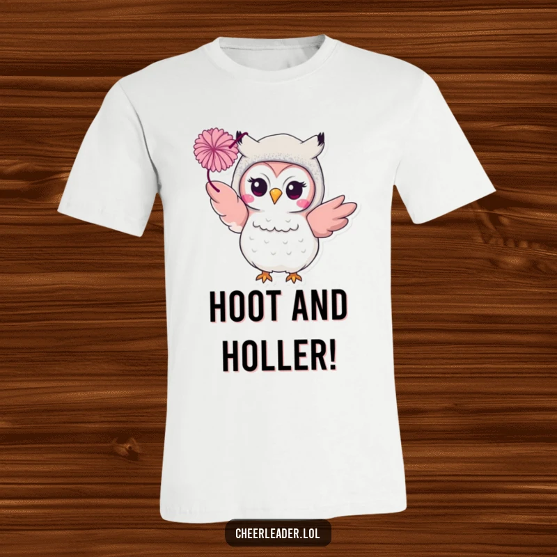 Funny smiling owl in a glittery costume, enthusiastically tossing a pom-pom on a t-shirt. Glamorous and cheerful.