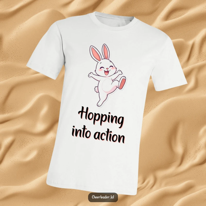 Funny, cheerful rabbit with a big smile executing a powerful high kick, featured on a t-shirt. Dynamic and fun.