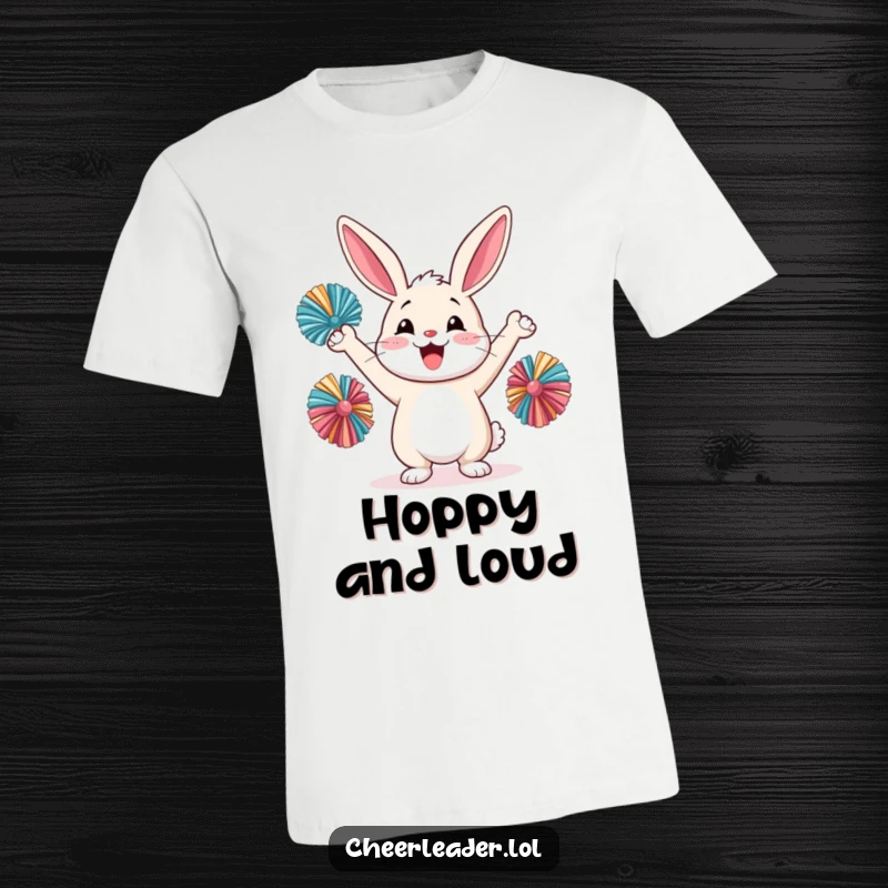 Funny happy rabbit cheering with pom-poms held high, wearing a fun t-shirt, cute graphic.