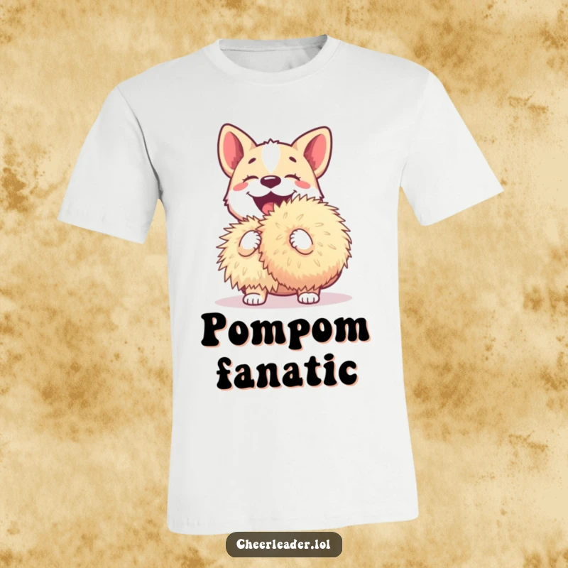Funny dog t-shirt with a joyful dog barking enthusiastically while proudly carrying a massive pom-pom, embodying pure happiness.