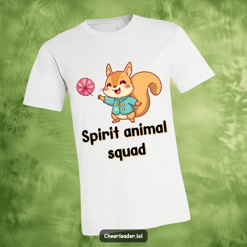 Funny squirrel cheerleader t-shirt, featuring a squirrel in a sparkly uniform tossing a pom-pom with great enthusiasm.