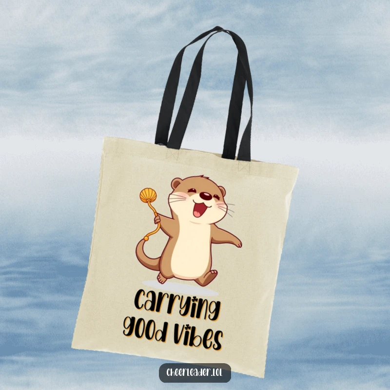 Funny Tote Bag: An enthusiastic otter jumps rope with a ribbon-like pom-pom, a fun and functional accessory.