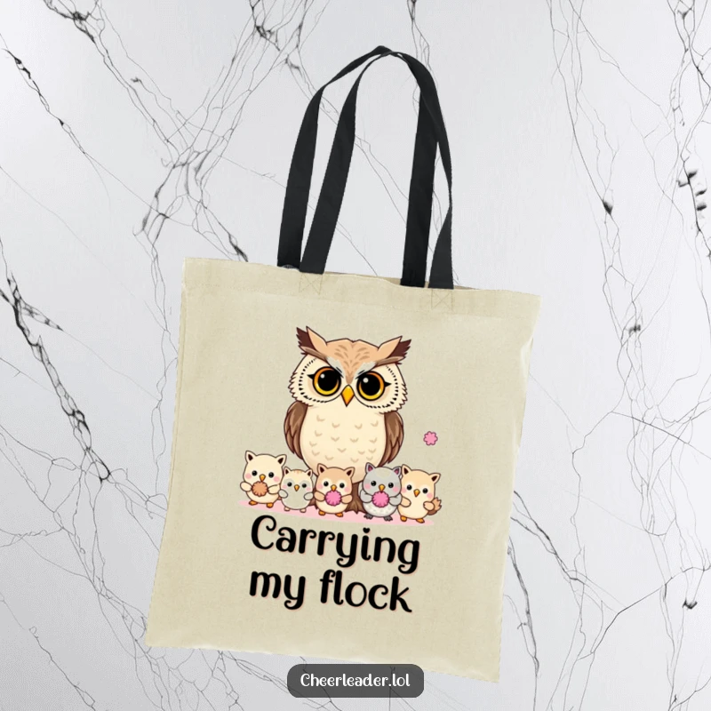 Funny determined owl leading animals with pom-poms, carrying a tote bag, wise animal graphic.