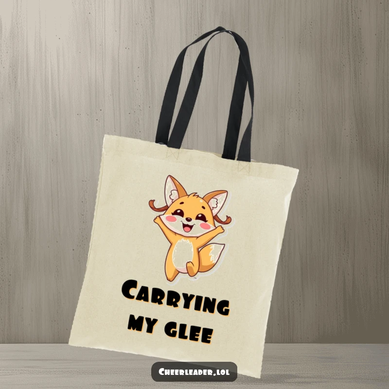 Funny fox pigtails tote bag, showing a cheerful fox with pigtails joyfully jumping with an enormous, happy smile.