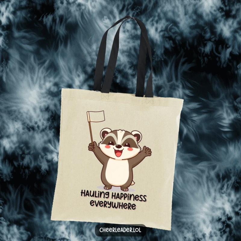 Funny Badger Tote Bag: A cheerful badger with a wide smile leads an energetic cheer, perfect for carrying essentials with joy.