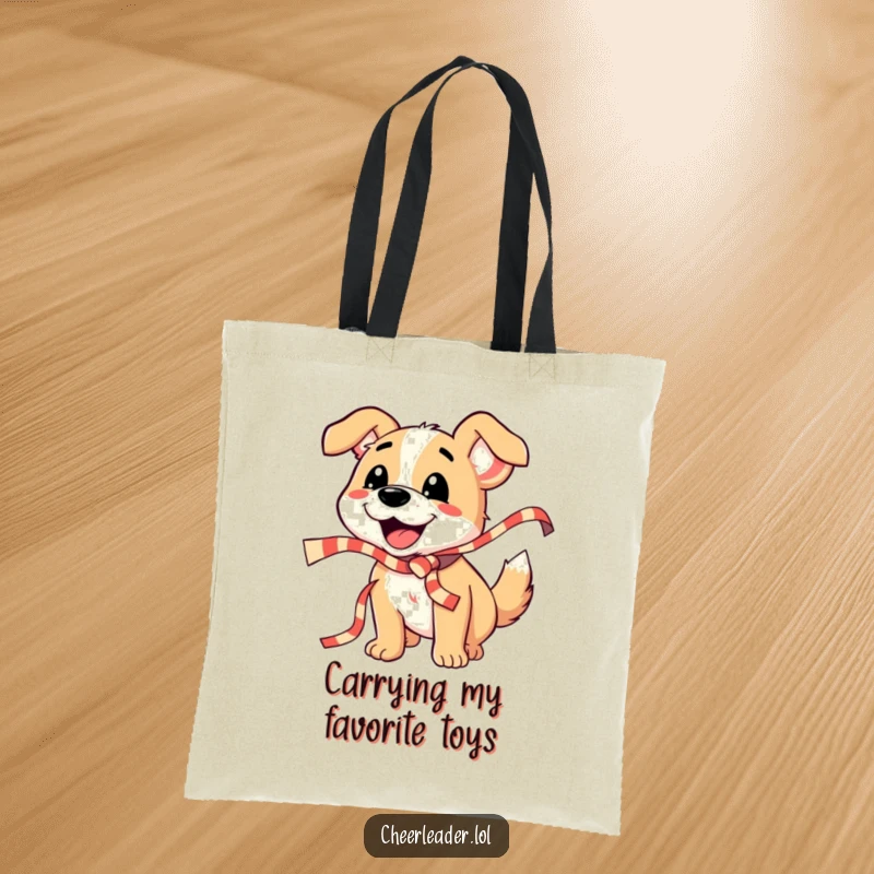 Funny Dog Tote Bag: A happy dog barks and shakes a striped ribbon, ideal for carrying essentials with an energetic, celebratory spirit.