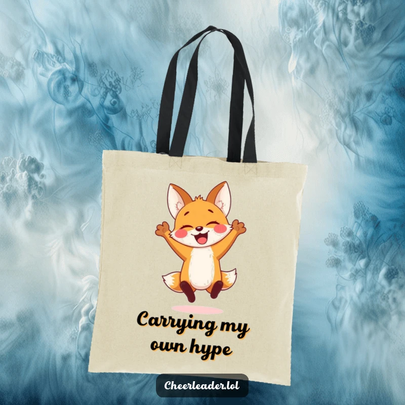 Funny tote bag with a cheerful fox cub in a spirited jump with arms raised, perfect for carrying items with a dose of joy.