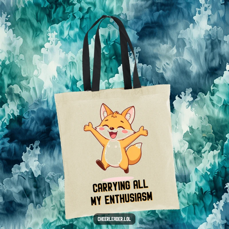 Funny tote bag with a vibrant print of a cheerful fox leaping joyfully, arms outstretched, designed for carrying essentials with a smile.