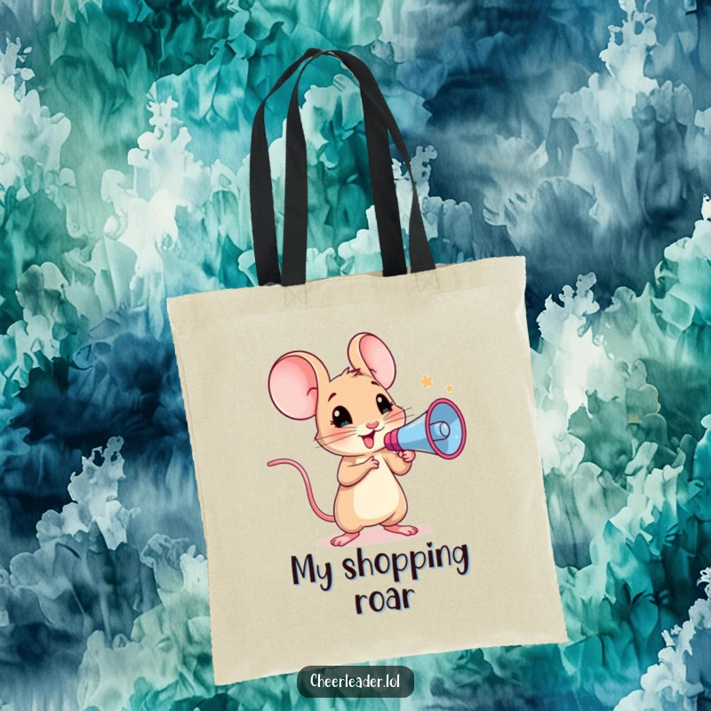 Funny tote bag showing a curious mouse holding a megaphone, leading a cheer with infectious energy.