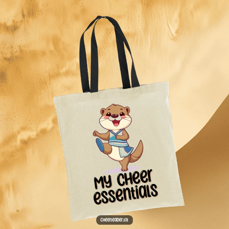 Funny Tote Bag featuring a curious otter in a cheerleader outfit doing a high kick with a big grin.