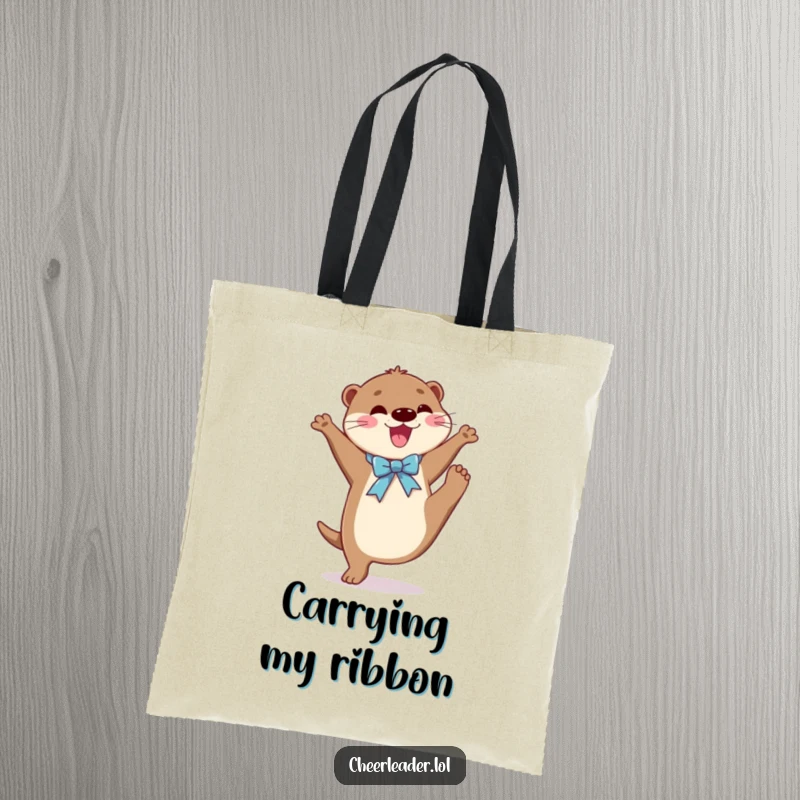 Funny tote bag showing a joyful otter wearing a shiny ribbon, executing a high kick, perfect for carrying essentials with flair.