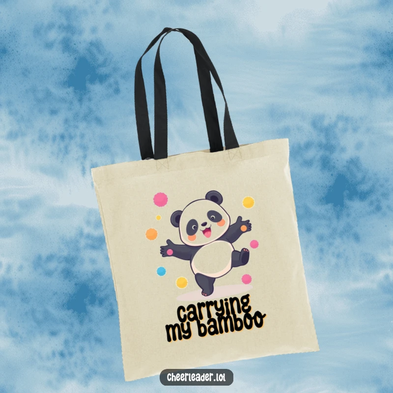 Funny Panda Cartwheel Tote Bag: A playful panda performing a cartwheel with pom-poms, showcasing agility and cute charm.