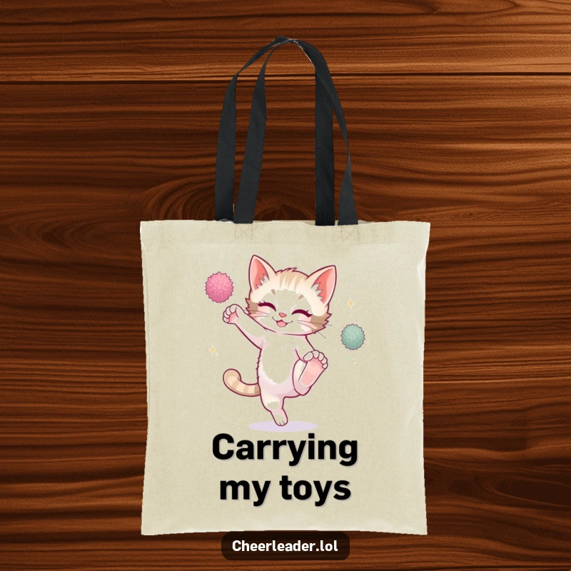 Funny playful kitten mid-high kick, sparkling pom-poms, carrying a tote bag, humorous cat design.