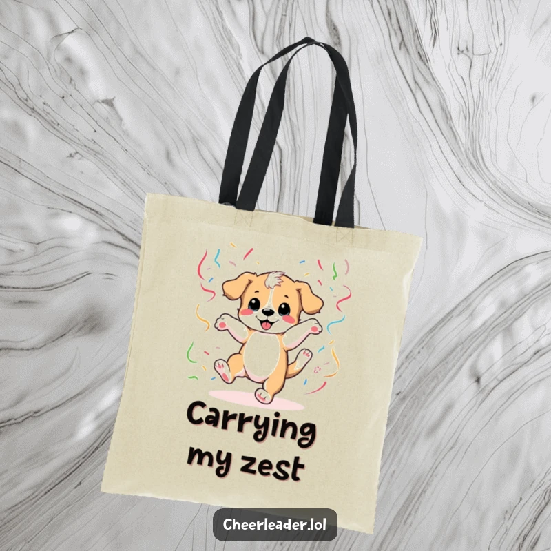 Funny Tote Bag featuring a dynamic puppy doing a cartwheel surrounded by streamers, a practical and amusing accessory.